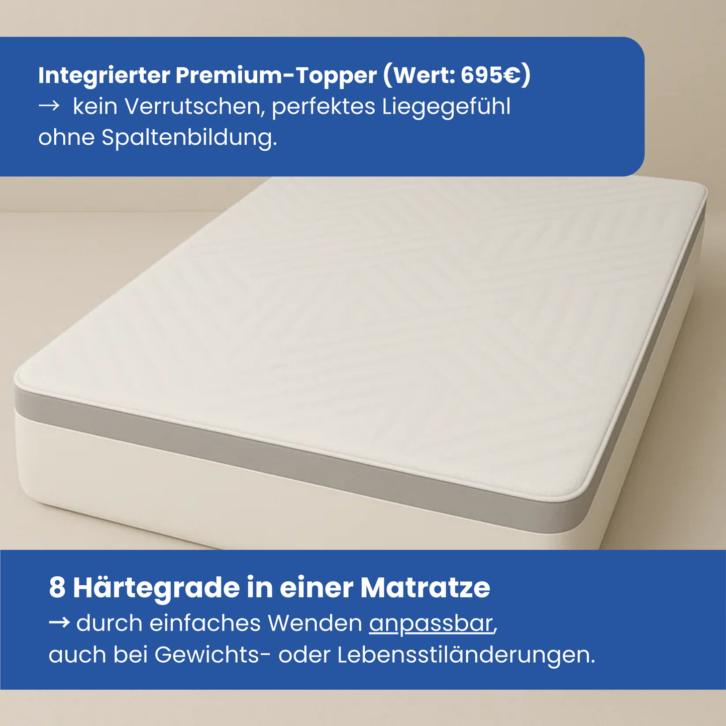 Luxupur Premium Matratze mit fest integriertem Topper gegen Verrutschen – 8 Härtegrade in einer Matratze, flexibel anpassbar durch Wenden