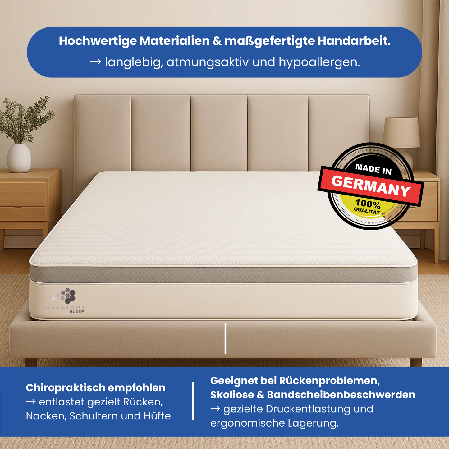 Luxupur Premium Matratze – hochwertige Materialien, maßgefertigte Handarbeit, Made in Germany. Chiropraktiker empfehlen sie bei Rückenproblemen, Skoliose und Bandscheibenbeschwerden für gezielte Druckentlastung und ergonomische Lagerung.