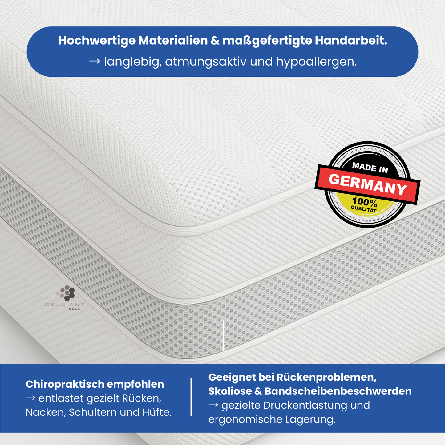 Luxupur Premium Matratze – aus hochwertigen Materialien und maßgefertigter Handarbeit, langlebig, atmungsaktiv und hypoallergen. Von Chiropraktikern empfohlen zur Entlastung von Rücken, Nacken, Schultern und Hüfte. Geeignet bei Skoliose und Bandscheibenbeschwerden durch gezielte Druckentlastung und ergonomische Lagerung.