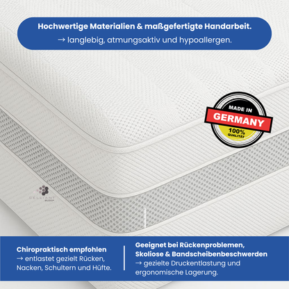 Luxupur Premium Matratze – aus hochwertigen Materialien und maßgefertigter Handarbeit, langlebig, atmungsaktiv und hypoallergen. Von Chiropraktikern empfohlen zur Entlastung von Rücken, Nacken, Schultern und Hüfte. Geeignet bei Skoliose und Bandscheibenbeschwerden durch gezielte Druckentlastung und ergonomische Lagerung.