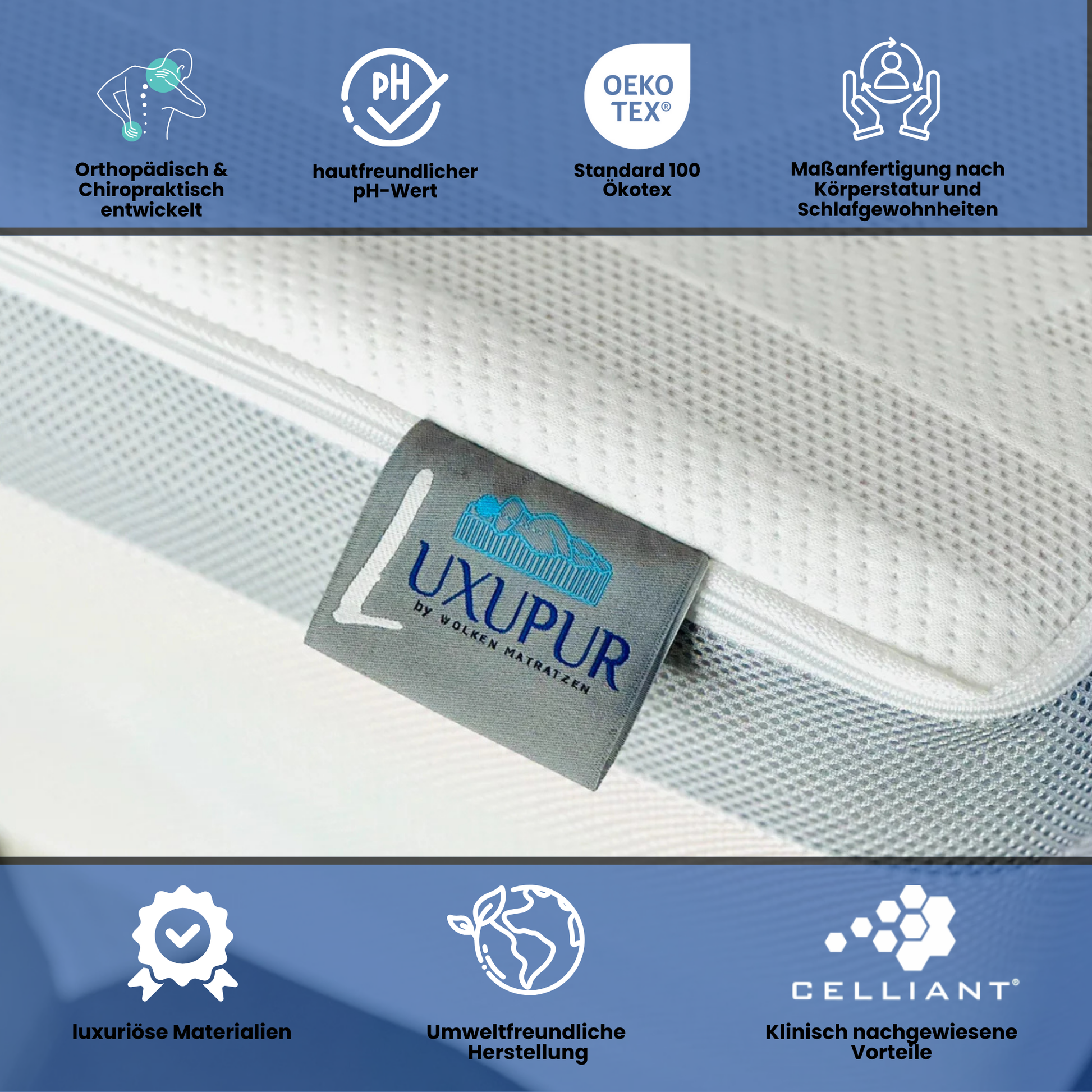 Luxupur Matratze mit Label und Qualitäts-Icons – orthopädisch entwickelt, hautfreundlich, OEKO-TEX Standard 100, maßgefertigt nach Ihren Schlafbedürfnissen und umweltfreundlich hergestellt.