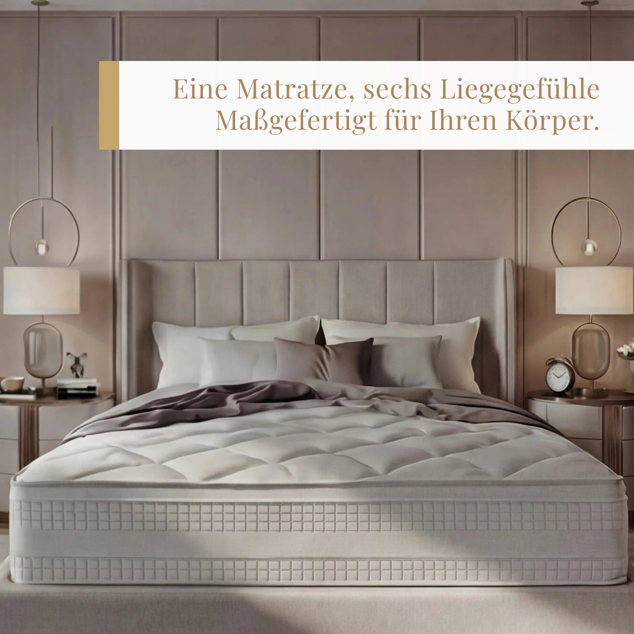 Maßgefertigte Luxupur OrthoSleep Matratze auf Polsterbett in luxuriösem Schlafzimmer, handgefertigt in Deutschland