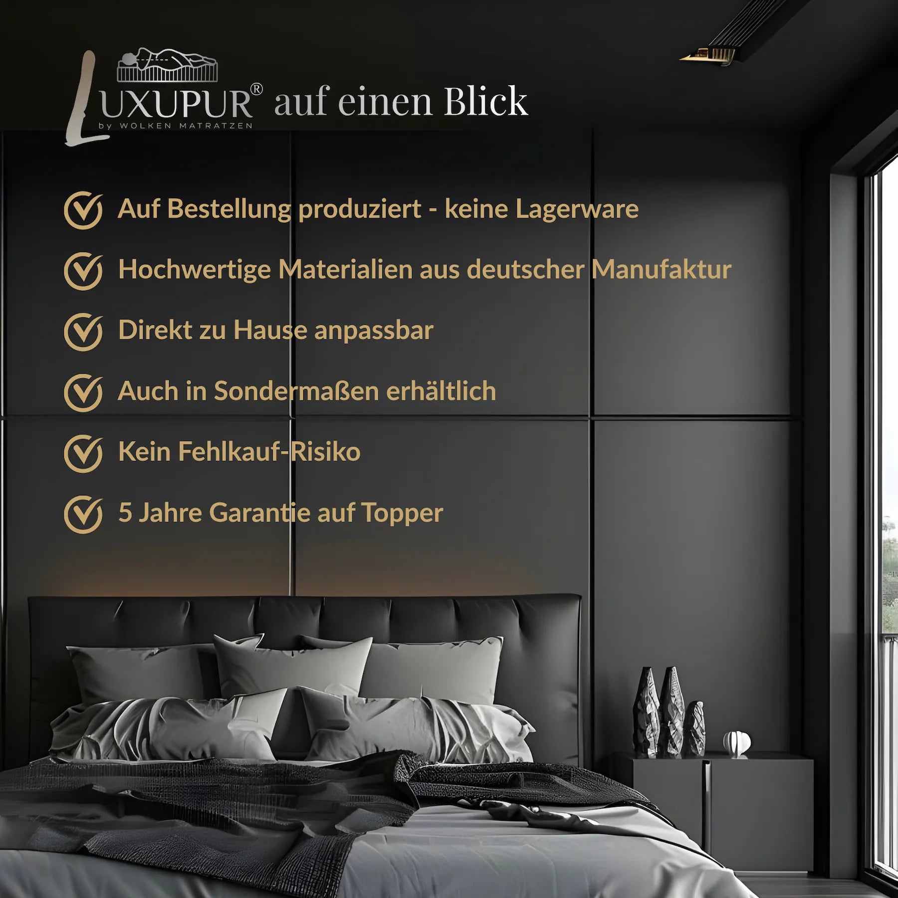 Luxupur OrthoTop Topper auf einen Blick – auf Bestellung in deutscher Manufaktur gefertigt, direkt zu Hause anpassbar, auch in Sondermaßen erhältlich, ohne Fehlkauf-Risiko mit 5 Jahren Garantie