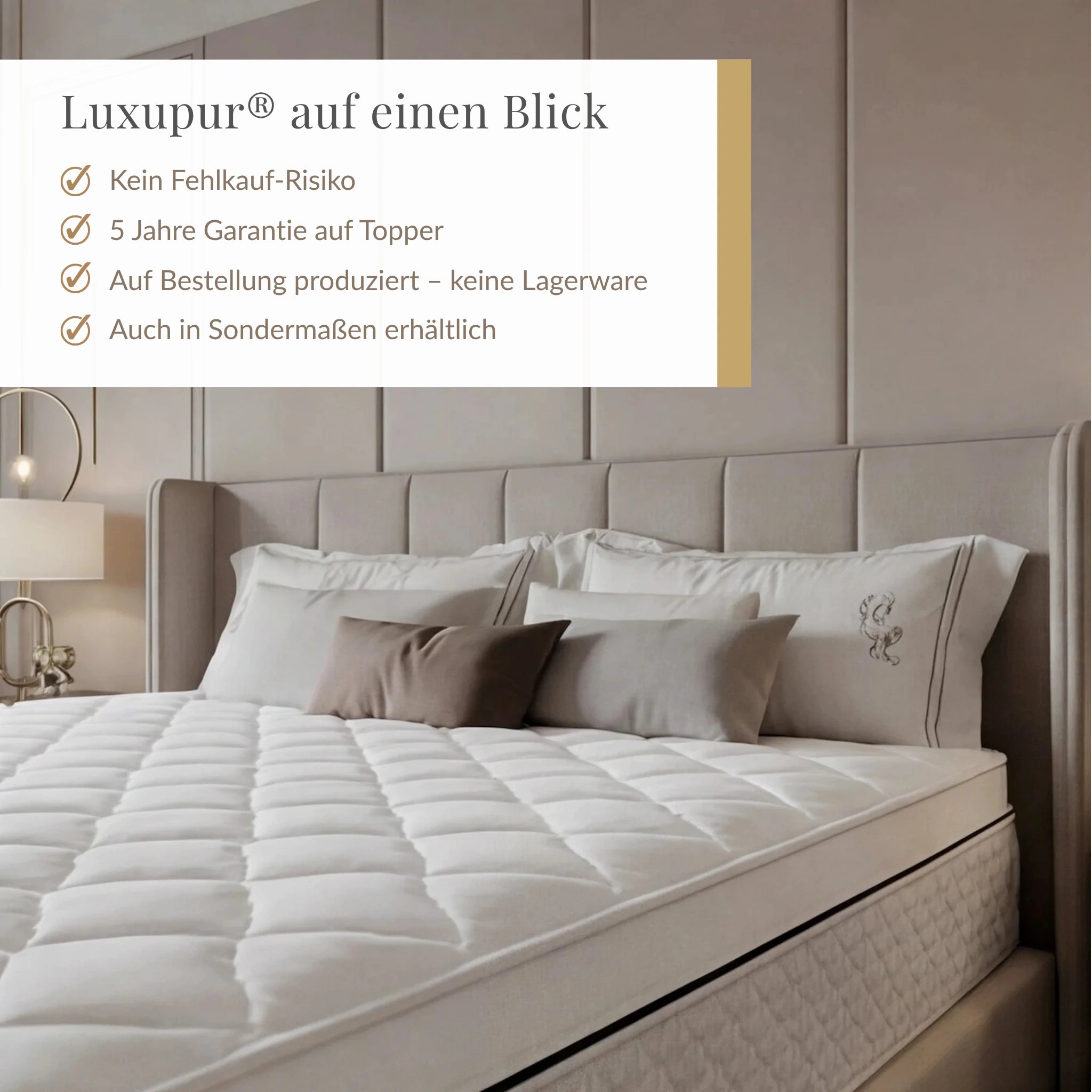Luxupur OrthoTop Topper im Überblick: kein Fehlkauf-Risiko, 5 Jahre Garantie, auf Bestellung gefertigt, auch in Sondermaßen

