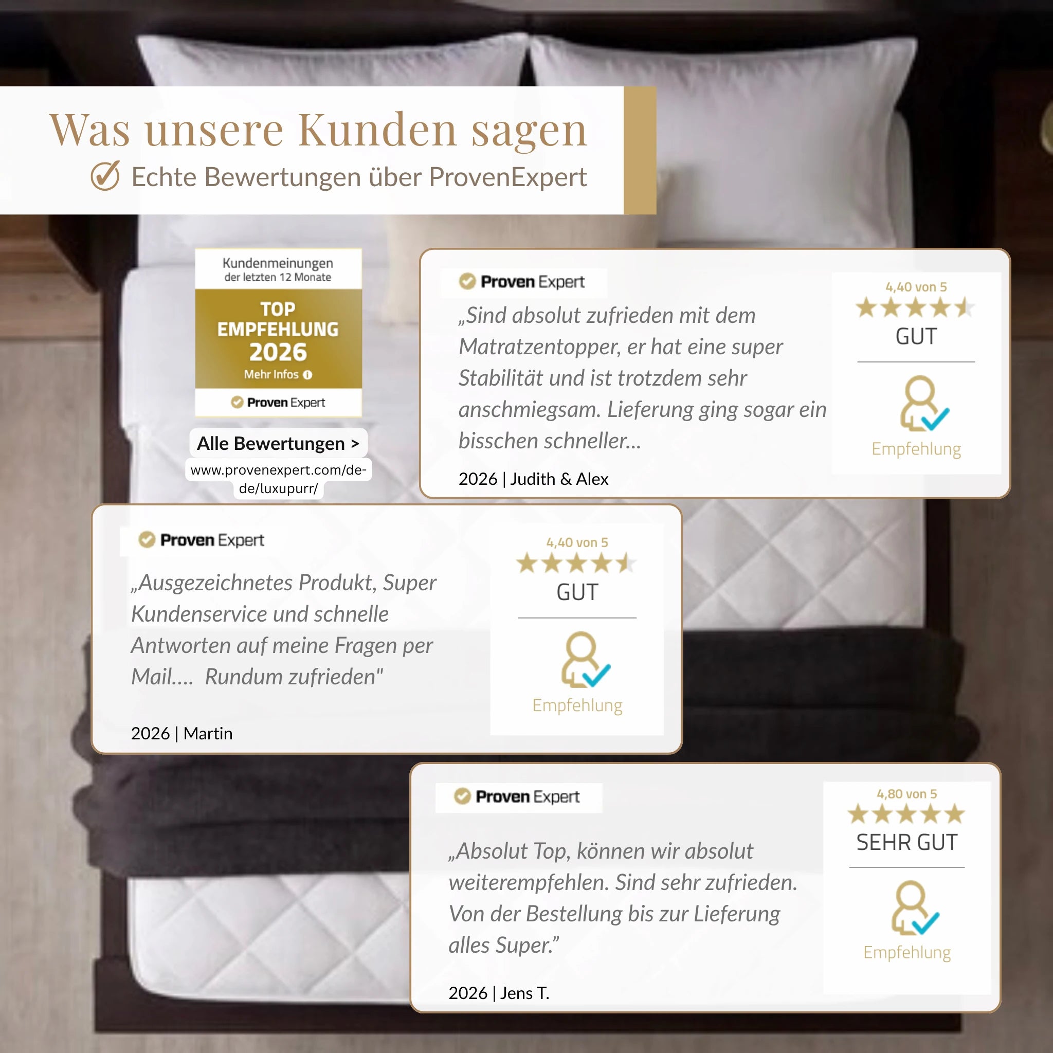 Kundenbewertungen zum Luxupur OrthoTop Topper über ProvenExpert, mehrfach als gut und sehr gut empfohlen
